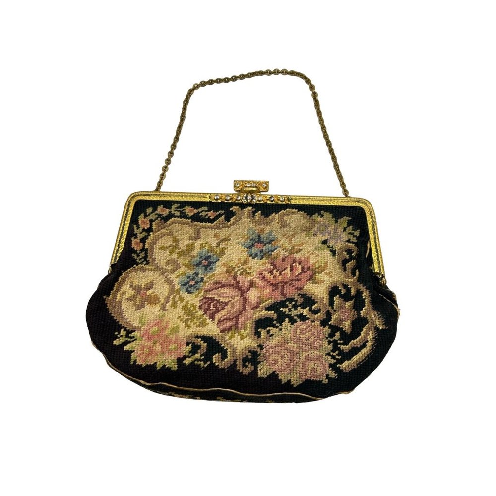 Antique Tapestry Needlepoint Purse Gold Tone Ornate Frame Floral Roses Design